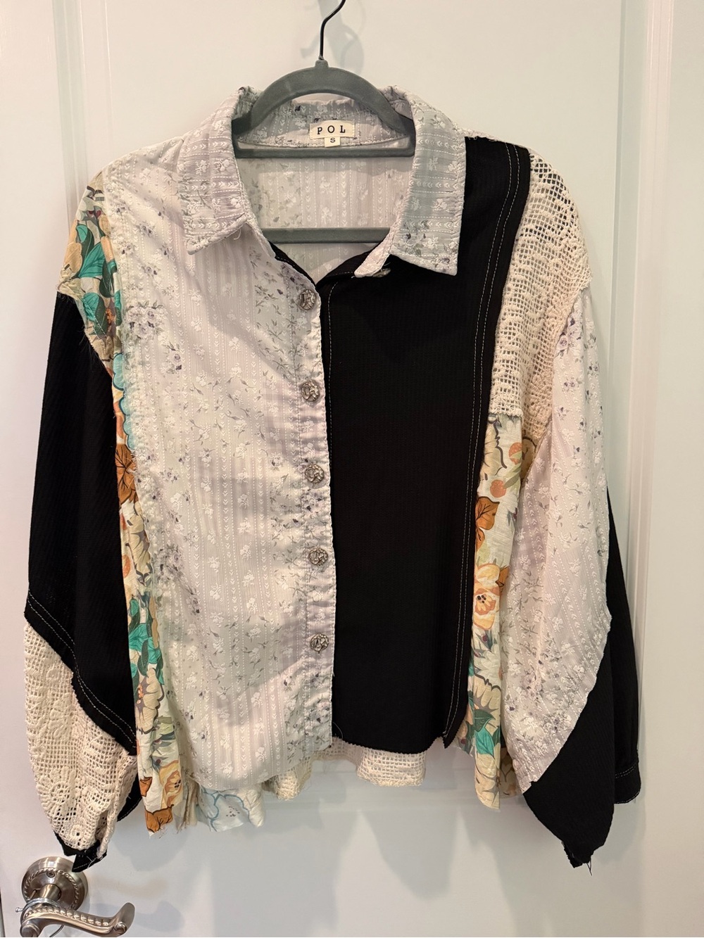 POL Patchwork Floral Crochet Oversized Boho Blouse Size Small